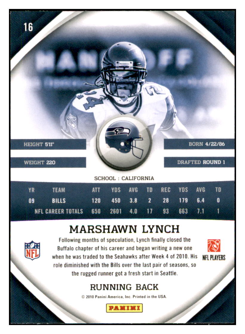 2010 Panini Gridiron Gear Marshawn
  Lynch    Seattle Seahawks #16 Football
  card   TMH1C simple Xclusive Collectibles   