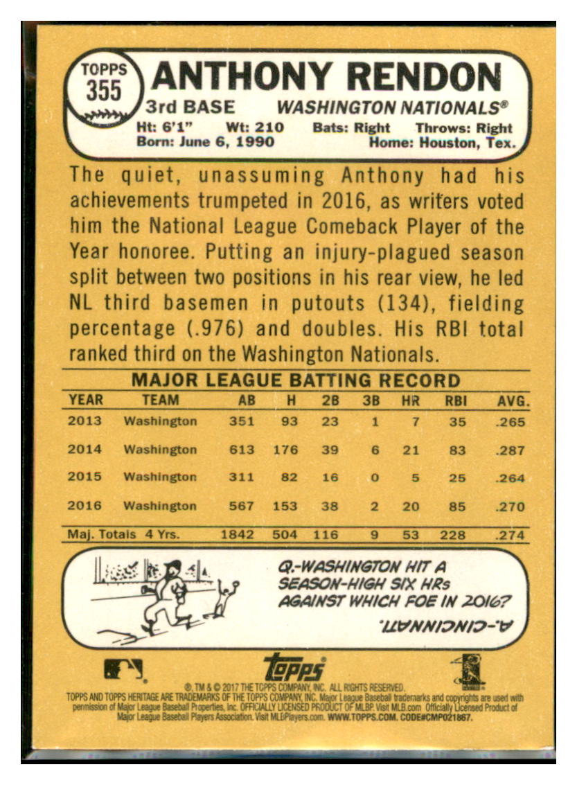 2017 Topps Heritage Anthony Rendon    Washington Nationals #355 Baseball
  card    TMH1B simple Xclusive Collectibles   