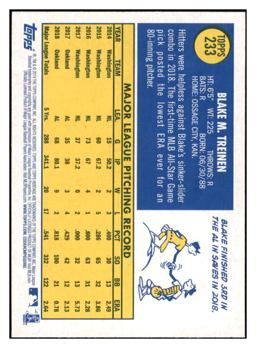 2019 Topps Heritage Blake Treinen    Oakland Athletics #233 Baseball card    TMH1B simple Xclusive Collectibles   
