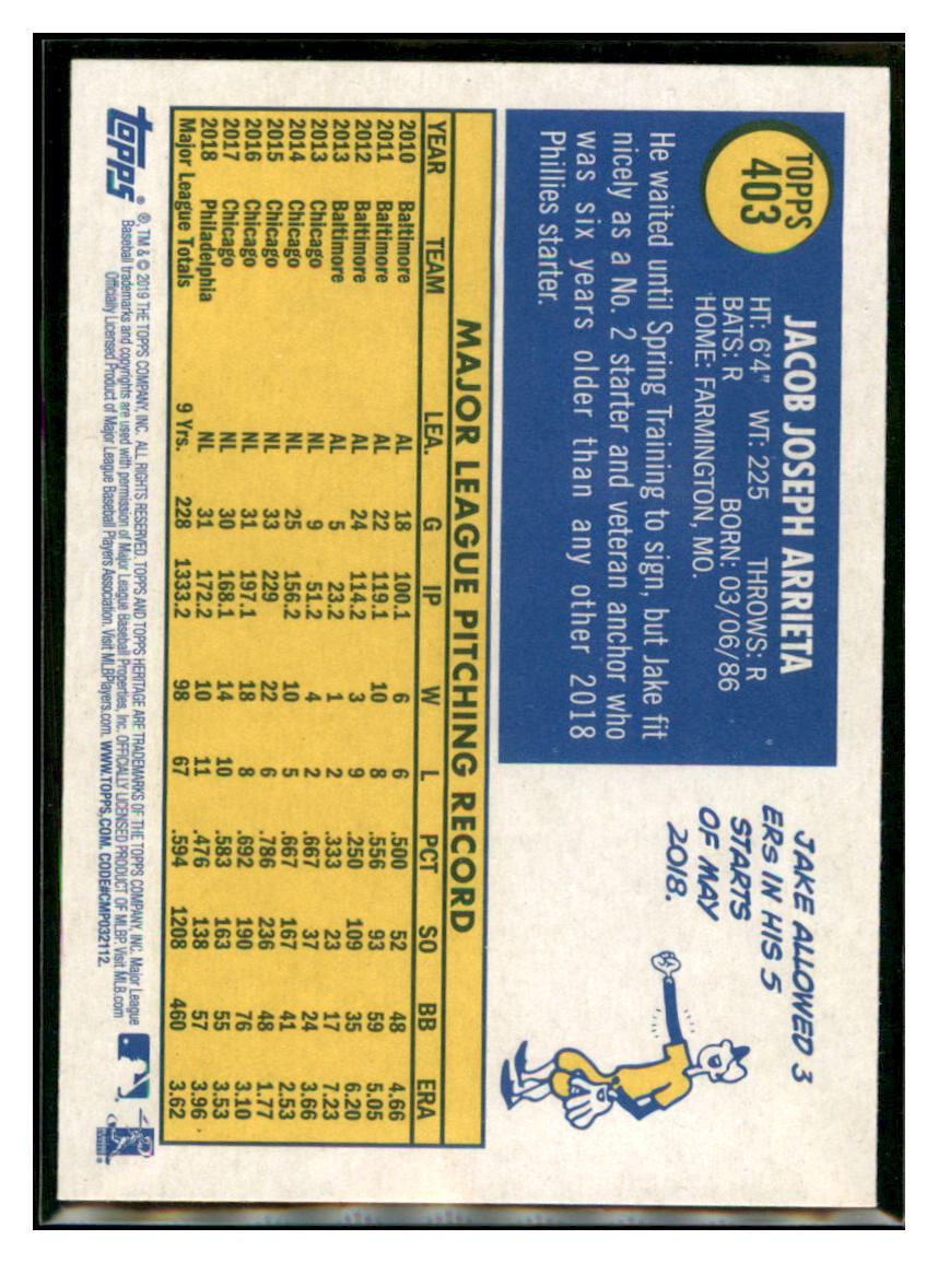 2019 Topps Heritage Jake Arrieta    Philadelphia Phillies #THC-403 Baseball
  card    TMH1B simple Xclusive Collectibles   