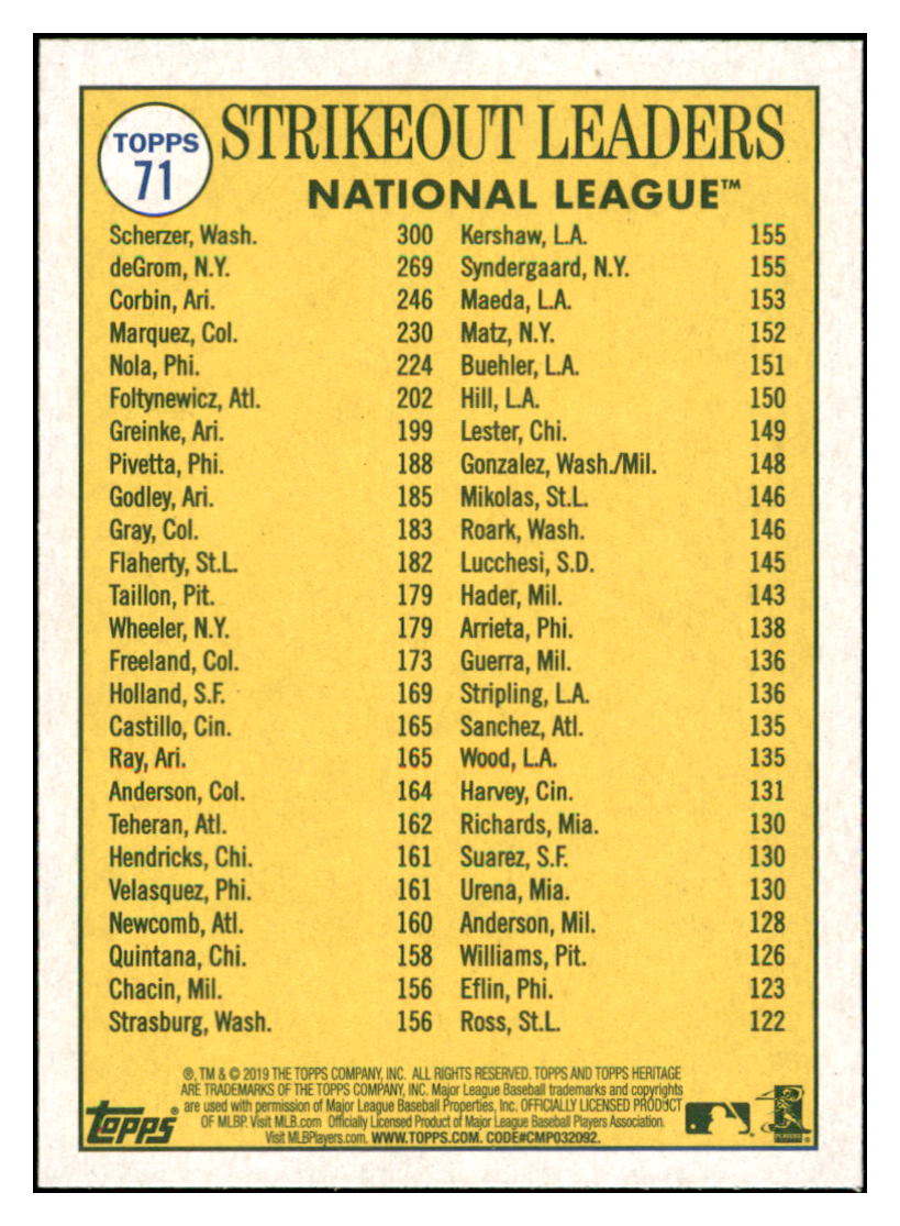 2019 Topps Heritage Jacob deGrom /
  Patrick Corbin / Max Scherzer CPC, LL   
  New York Mets / Arizona Diamondbacks / Washington Nationals #71
  Baseball card    TMH1B simple Xclusive Collectibles   