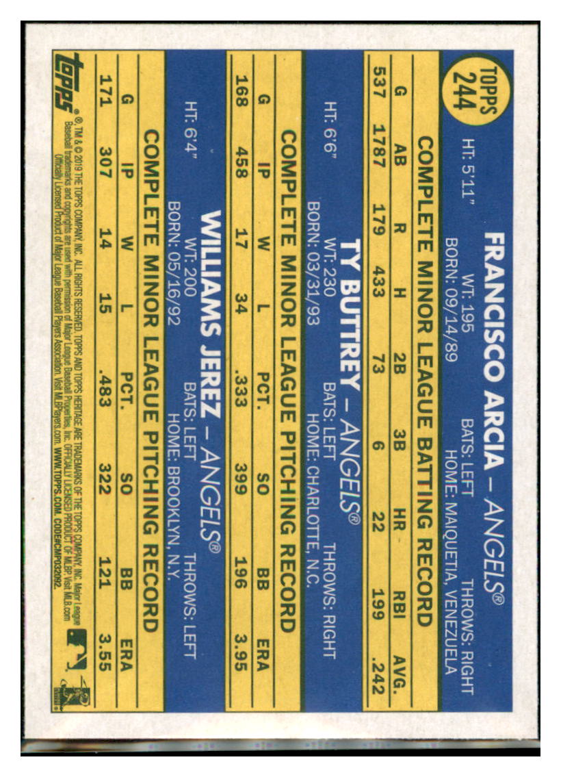 2019 Topps Heritage Ty Buttrey /
  Francisco Arcia / Williams Jerez CPC, RC, RS    Los Angeles Angels #244 Baseball
  card    TMH1B simple Xclusive Collectibles   