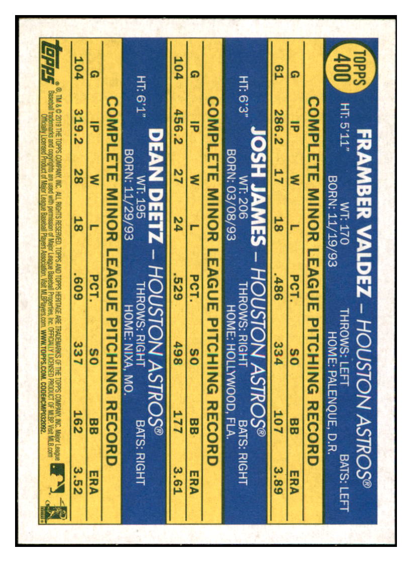 2019 Topps Heritage Dean Deetz / Framber
  Valdez / Josh James CPC, RC, RS   
  Houston Astros #400 Baseball card   
  TMH1B_1a simple Xclusive Collectibles   