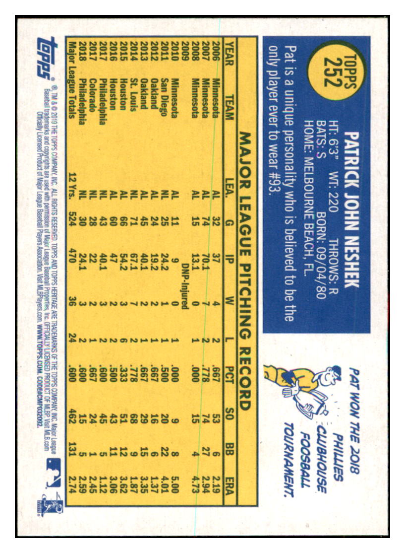 2019 Topps Heritage Pat Neshek    Philadelphia Phillies #252 Baseball
  card    TMH1B simple Xclusive Collectibles   