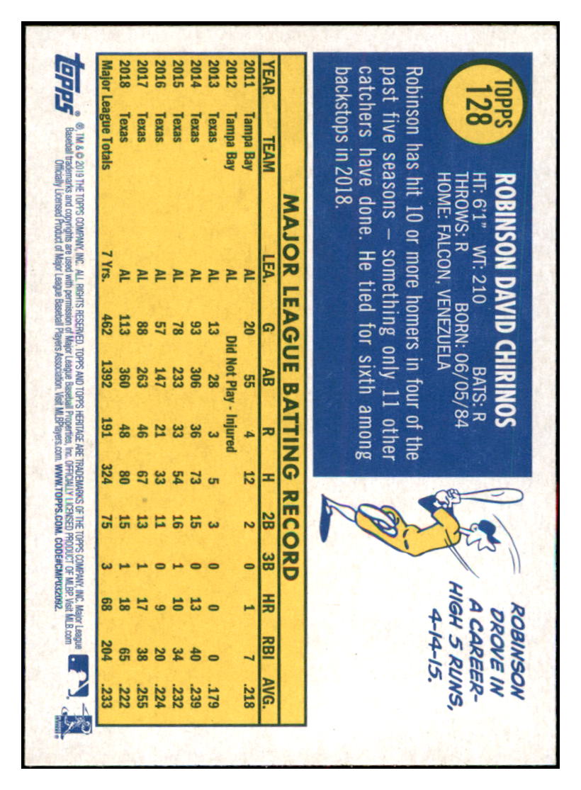 2019 Topps Heritage Robinson
  Chirinos    Texas Rangers #128 Baseball
  card    TMH1B simple Xclusive Collectibles   