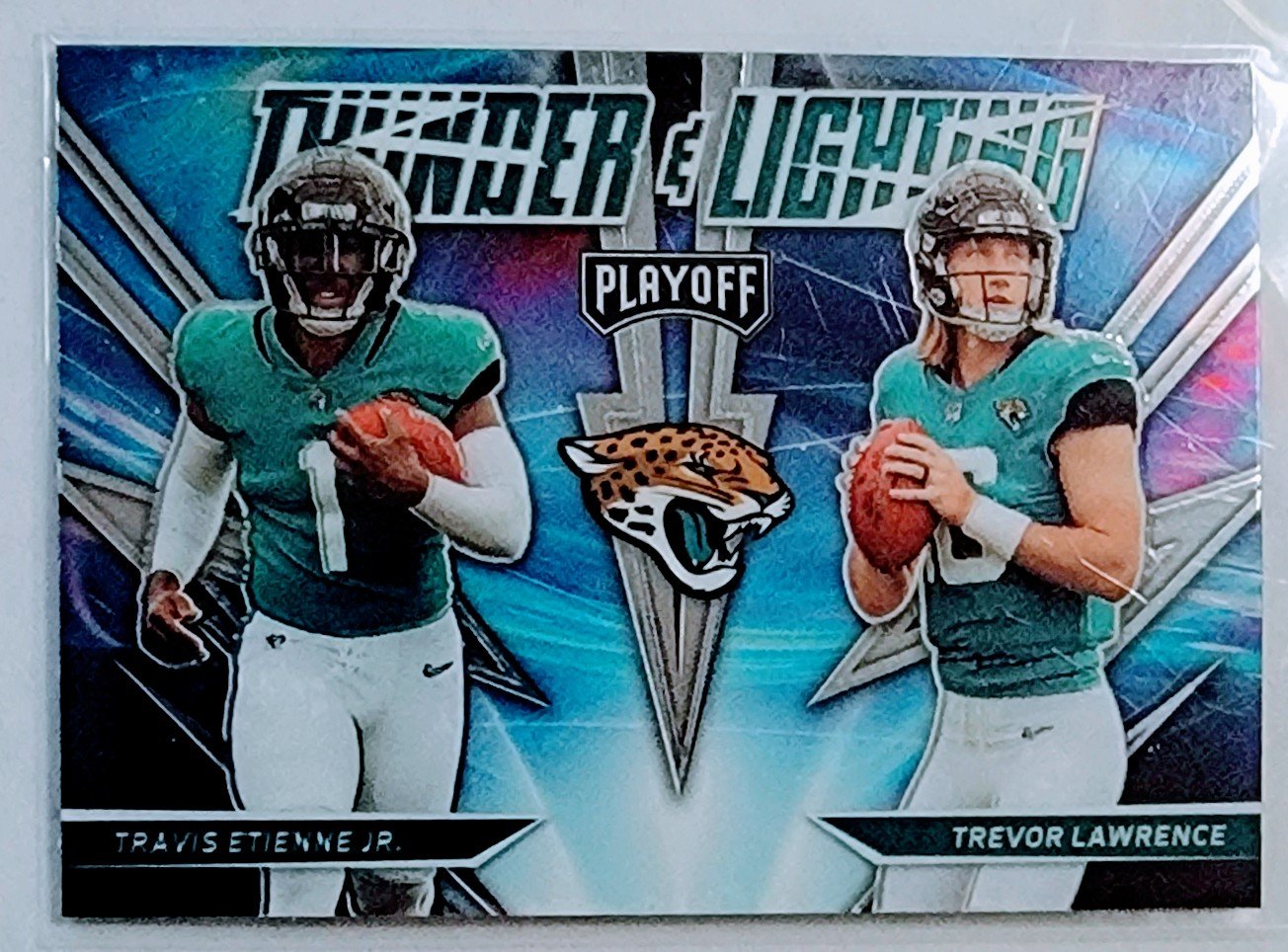 2021 Panini Playoffs Travis Etienne & Trevor Lawrence Thunder & Lightning Inser Football Card AVM1 simple Xclusive Collectibles   