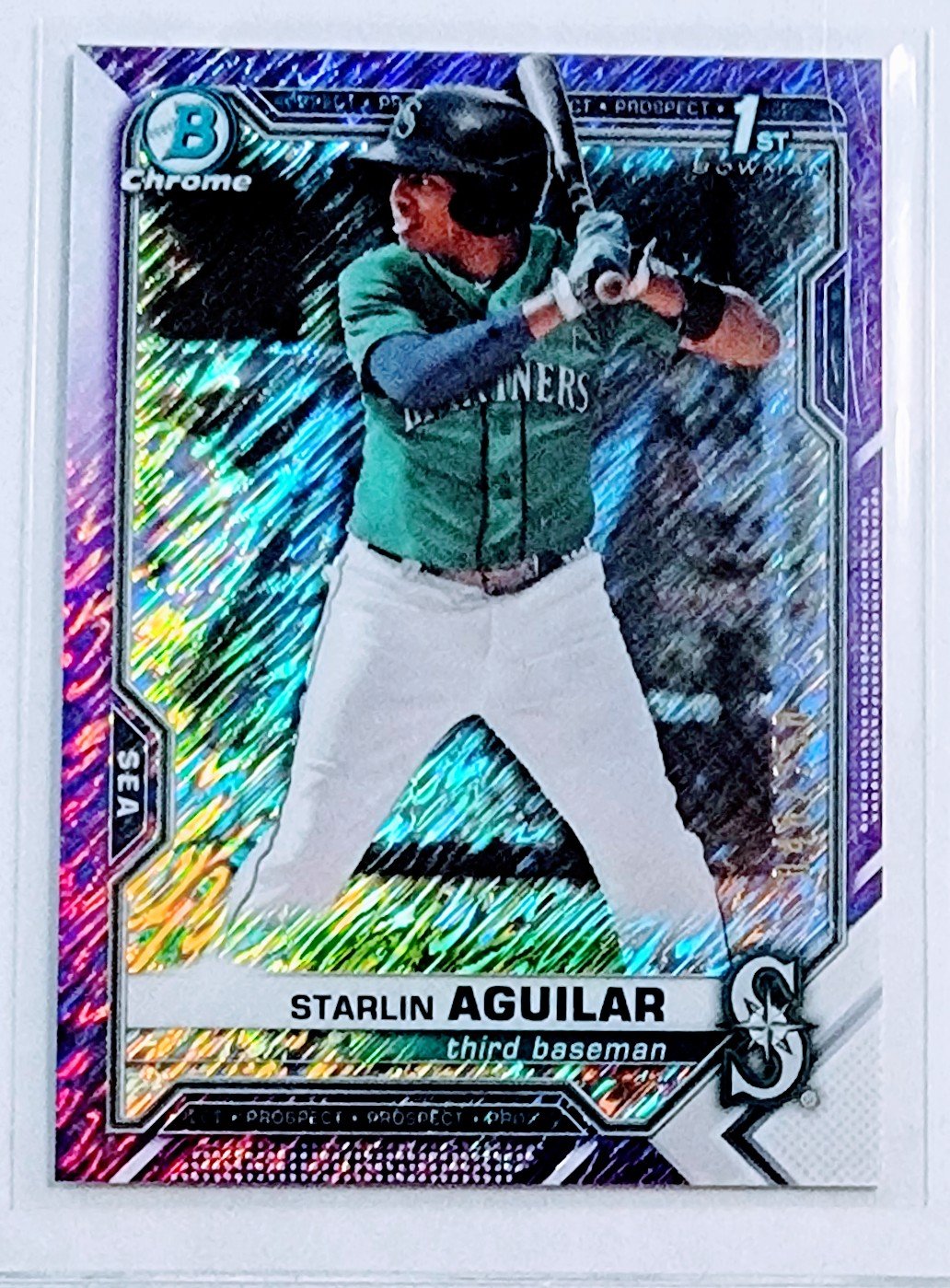 rare baseball cards 2021 2021 Bowman Chrome Starlin Aguilar Purple 1st on Bowman Refractor #'d/250 Seattle Mariners Baseball Card