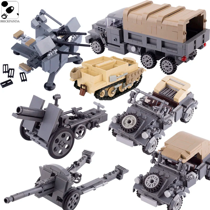 WW2 Military Display Brick Models - Flak Cannon, Artillery, and Vehicle Sets