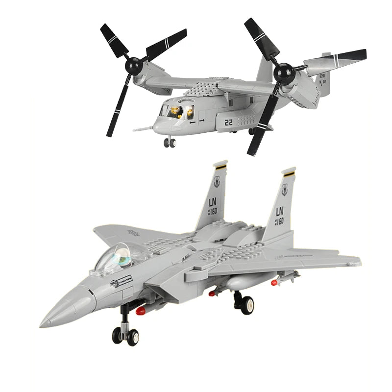 Military Series F-15 Eagle Fighter and V-22 Osprey Brick Model Sets - 270 and 593 Pieces
