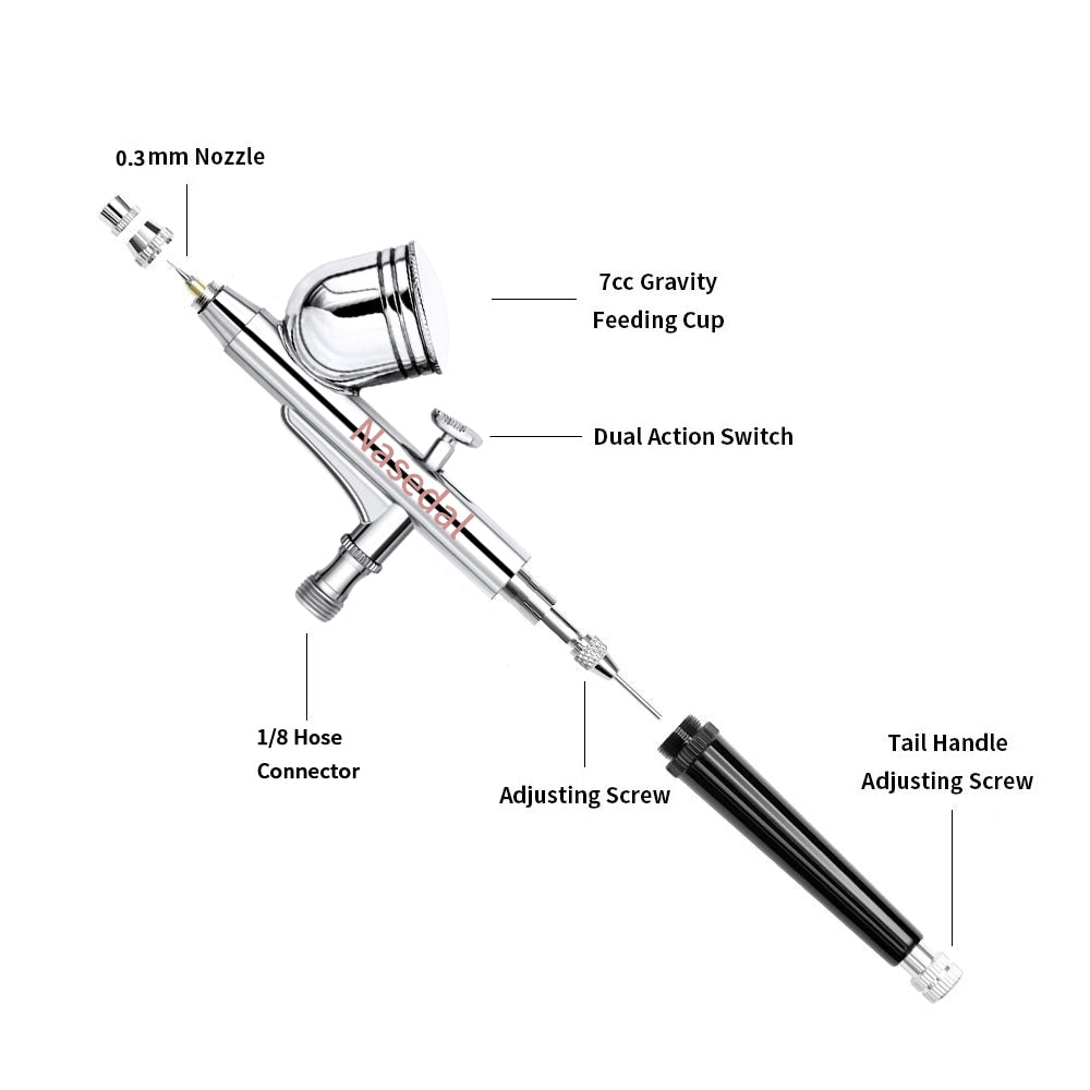Nasedal Gravity Feed Dual-Action Airbrush Spray Gun Kit - 0.3mm Nozzle, 7CC Cup Volume