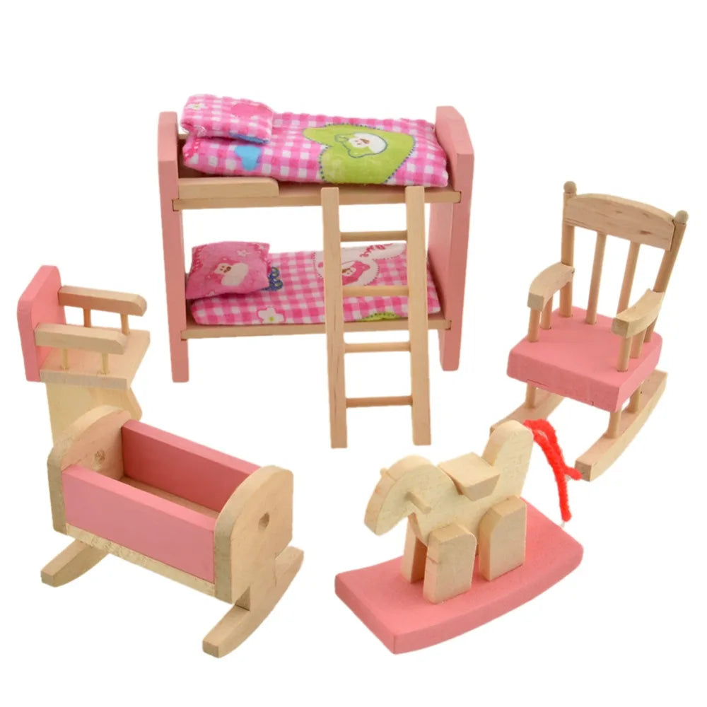 Alloet Pink Wooden Dollhouse Furniture Set: Miniature Bunk Bed and Bathroom Furniture for Children's Play and Gifts