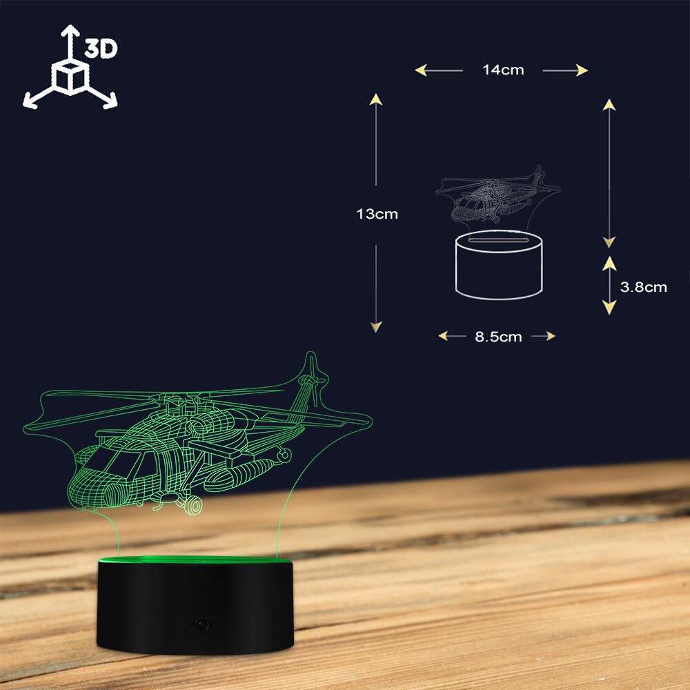 Huntingeek Helicopter 3D LED Table Night Light: Optical Illusion Airplane Model Lamp for Creative Room Decor and Gifts - Xclusive Collectibles