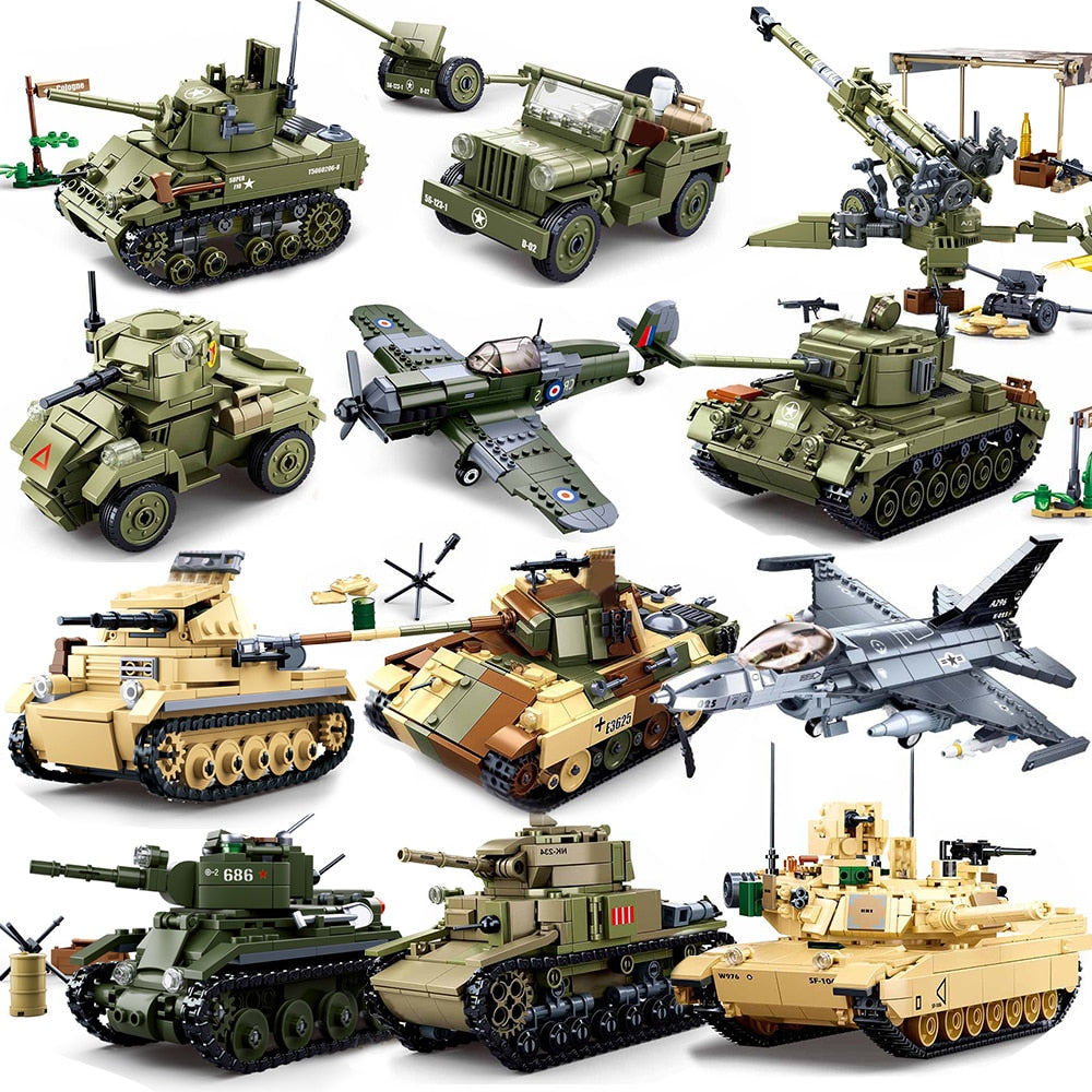 Tank, Artillery & Aircraft Brick Model Sets - Historic Warfare at Your Fingertips!