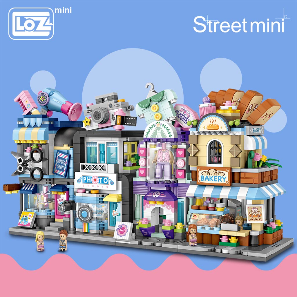 LOZ Mini Block Cityscapes Barber, Bakery, and Downtown Street Action Brick Model Playset