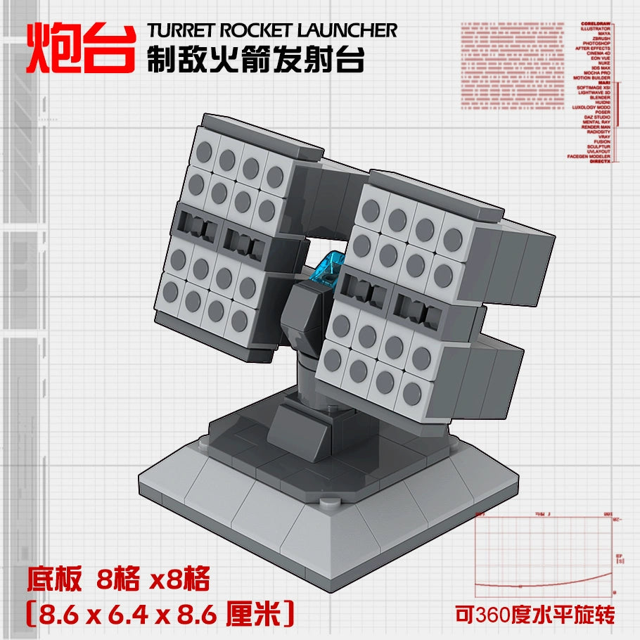 MOC Military Missile Rocket Gatlin Cannon Railgun Fort Turret Radar Base Set – 100 Pcs