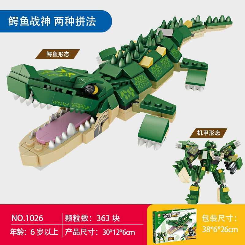 Transforming Wildlife Robot Brick Model Sets: Crocodile, Giraffe, Rhino, Lion, Orangutan Variants
