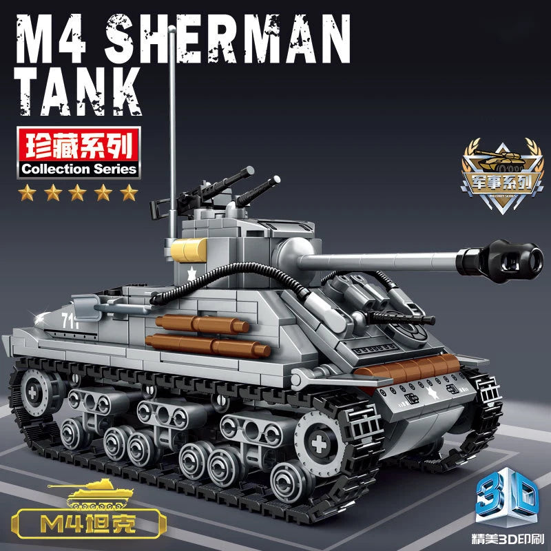 Vintage Military Series M4 Sherman Tank Model Brick Set - 656 PCS