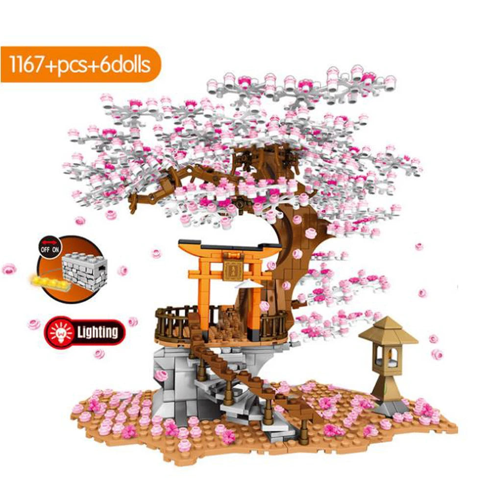 Japanese Cherry Blossom Street View: Senbon Torii and Sakura Scenery Tree Brick Sets with LED