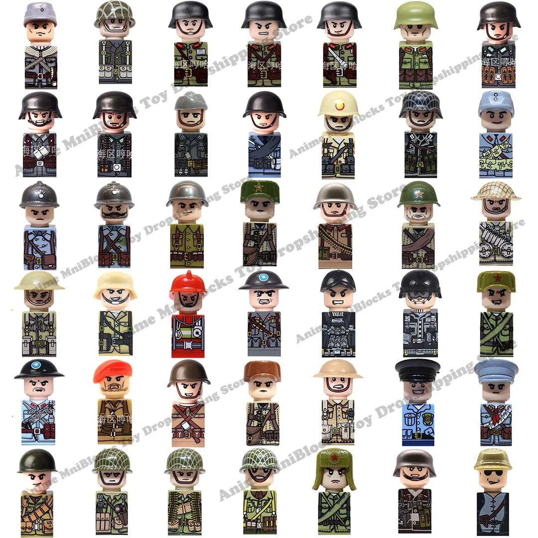 WW2 Military Brick Model Soldier Array: Mini Action Toy Figures of Soviet, US, UK, France, and More - Building Blocks Compatible with Lego