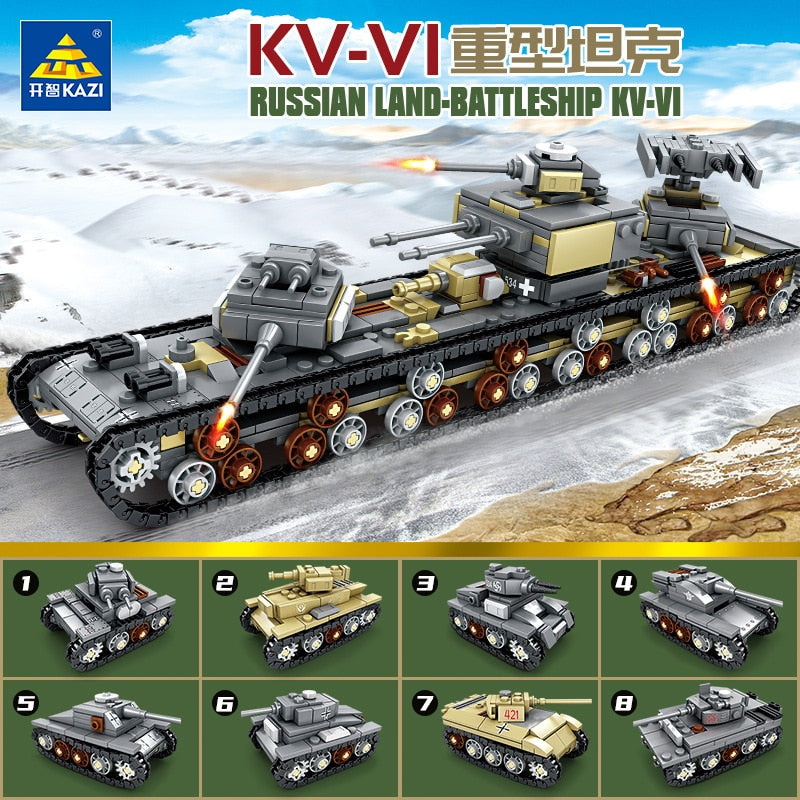 8 In 1 Russian Land Battleship KV-VI Model Building Block Brick Playset and Accessories