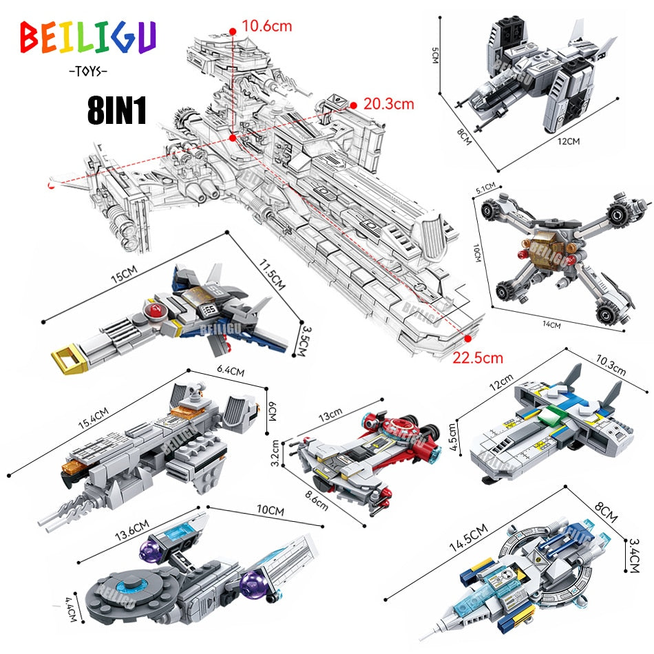 8 in 1 Classic Movie Spaceship, Battleship, and Fighter Brick Model Playset, 941pcs
