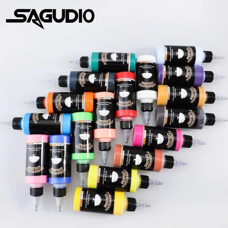 SAGUD Waterborne Acrylic Paint for Airbrush - 18 Colors, 100ml Each for Art, Shoes, Wood, Canvasbased, and non-toxic, these paints are ideal for artists and hobbyists.