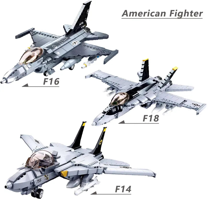 Small and Large Beginner U.S. Air Force F-14, F-16, and F-18 Brick Model Sets - Conquer the Skies