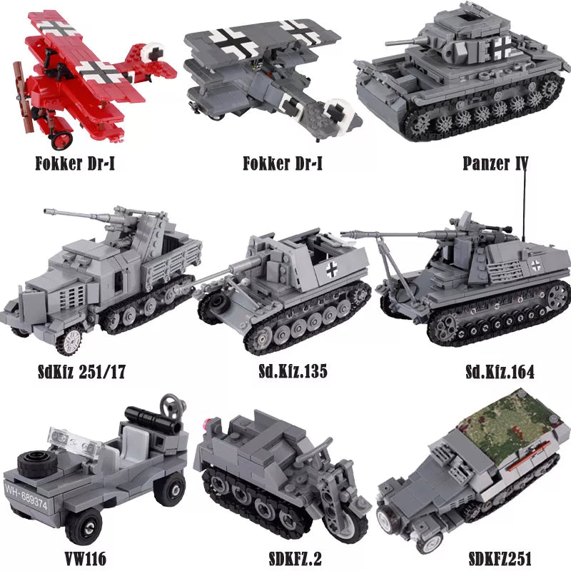 WW1 & WW2 German Military Model Brick Sets - Tanks, Personnel Carriers, Flak Gun & Fokker Aircraft