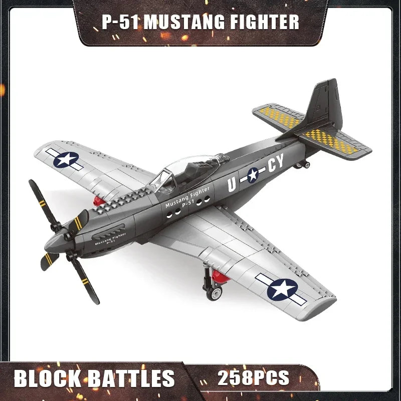 258PCS 1/26 WW2 P-51 Mustang Fighter Brick Model Set for Ages 6