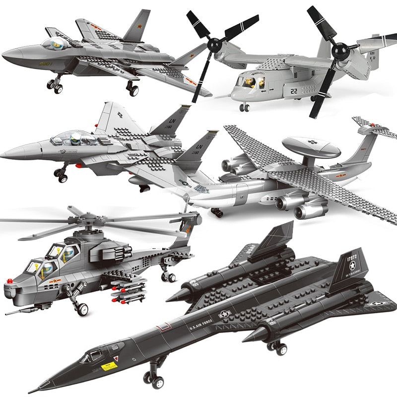 Military Fighter Aircraft & Helicopter Brick Model Playsets: SR-71, F-15, V-22, and More