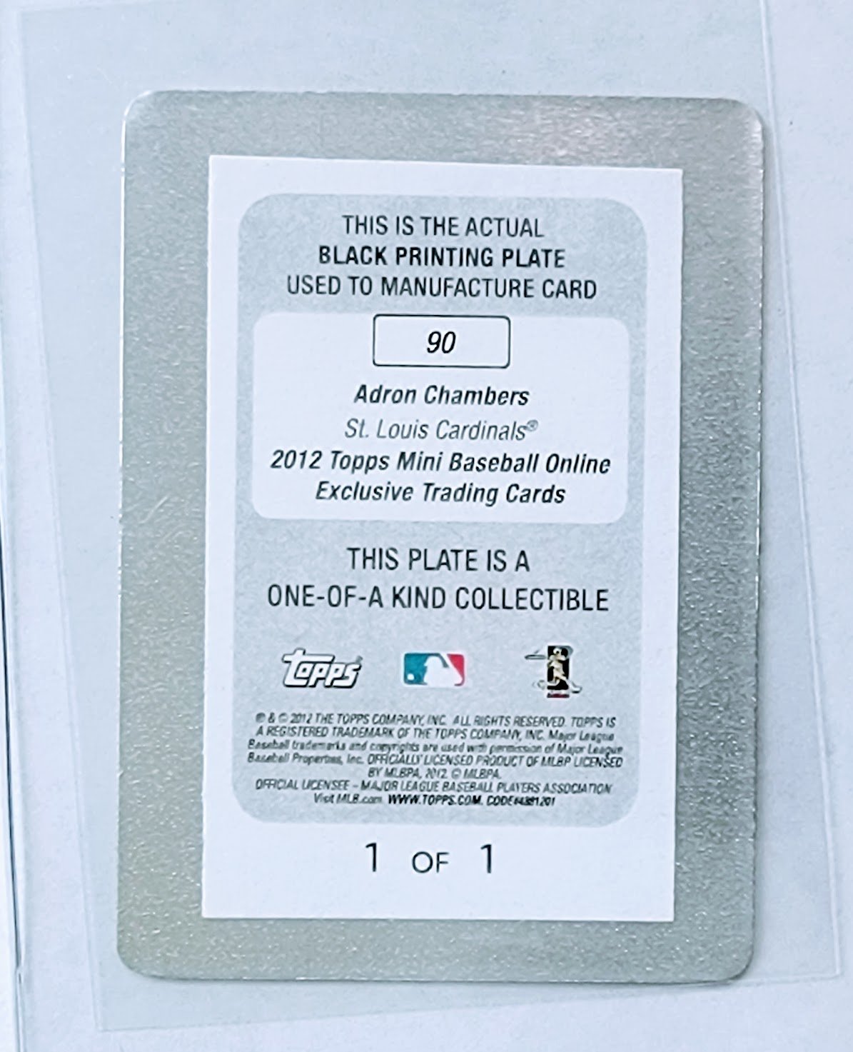 2012 Topps Mini Adron Chambers Printing Plate #'d 1/1 Baseball Card TPTV simple Xclusive Collectibles   