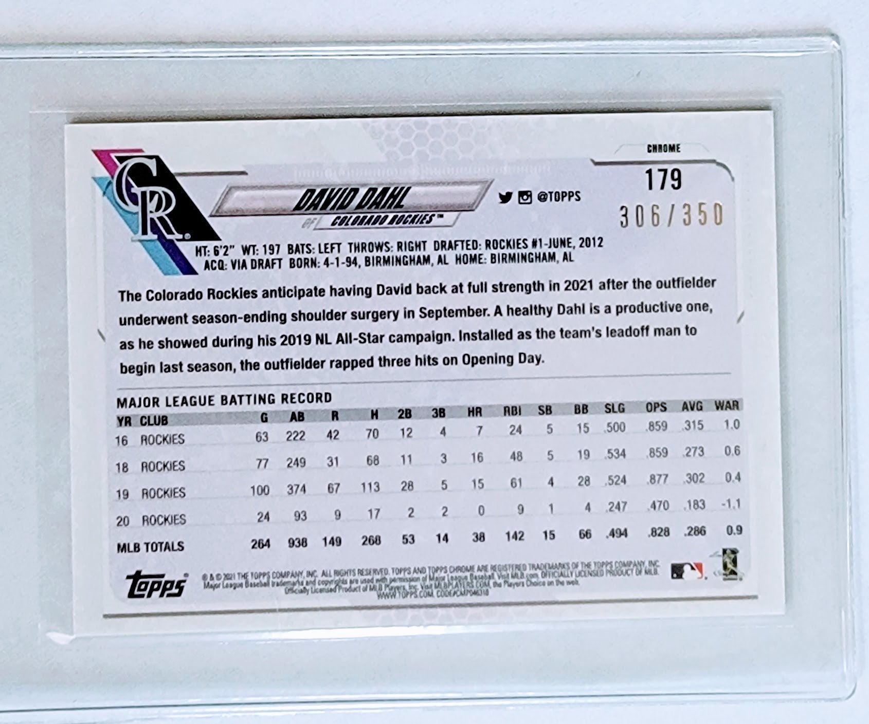2021 Topps Chrome David Dahl Magenta Sparkle Refractor #'d/499 Baseball Card TPTV simple Xclusive Collectibles   
