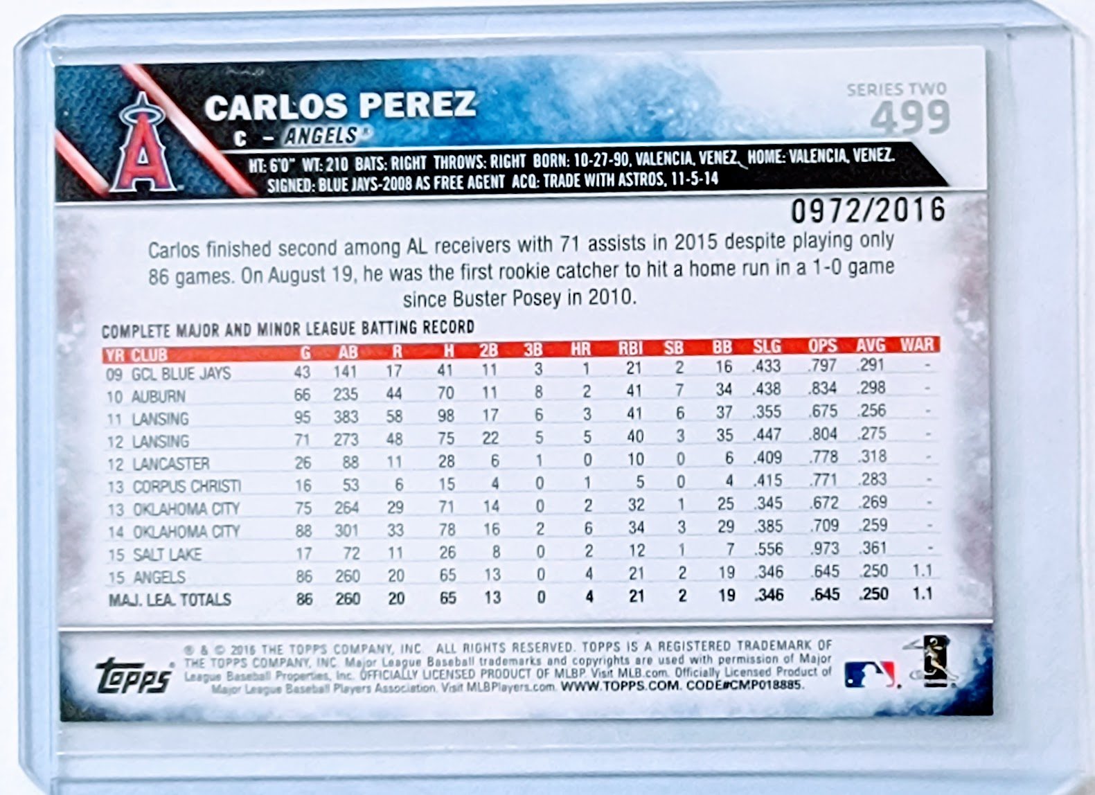 2016 Topps Carlos Perez w/ Mike Trout Gold #'d/2016 Parallel Baseball Card TPTV simple Xclusive Collectibles   
