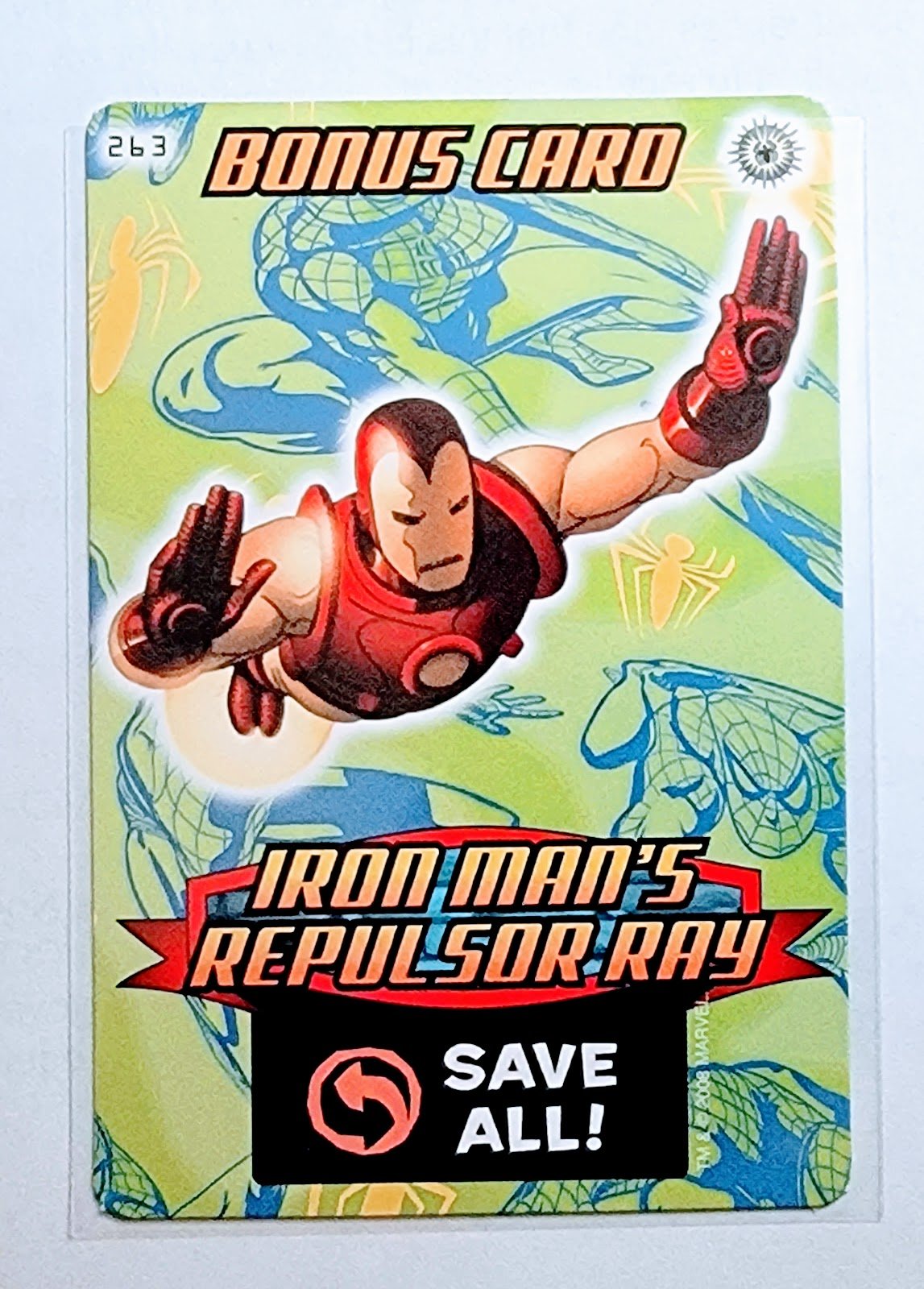 2008 Spiderman Heroes and Villains Iron Man's Repulsor Ray Bonus Card #263 Marvel Booster Trading Card UPTI simple Xclusive Collectibles   
